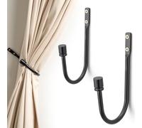 Black Curtain Holdbacks - 2 Pack, Metal Curtain Tiebacks Hooks Wall Mounted, Decorative Drapery Pull Back Hooks, Curtain Hold Backs with Hardware, Window Side Holders for Drapes, Curtain Accessories