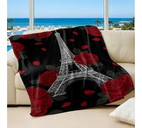 Black Curtain Red Rose Printed Flannel Blanket, Romantic Eiffel Tower French Bedding Item, Elegant Gift for Sofa and Bed (02,130x150cm)