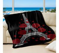 Black Curtain Red Rose Printed Flannel Blanket, Romantic Eiffel Tower French Bedding Item, Elegant Gift for Sofa and Bed (05,200x200cm)