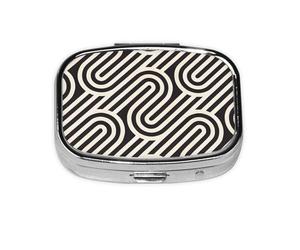 Black Curved Texture Square Pill Box with Full Print Design - Portable Metal Travel Case for Vitamins & Medication, 2.2x1.6x0.7 Inch.