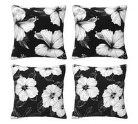 Black Cushion Covers 35 x 35 cm Pack of 4 Velvet Cushion Cover Soft Small Sofa Cushions 14 x 14 Inch Square White Flowers Throw Pillow Cases for Couch Sofa Livingroom Bedroom Farmhouse Decor -LI529