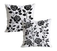 Black Cushion Covers 35x35cm Velvet Pillow Cases 2 Pack, Home Decoration Cushion Covers for Sofa Bedroom, Square Pillow Cases with Invisible Zipper, Rose Pattern Spring Pillowcases 14x14 inch W-P-2007