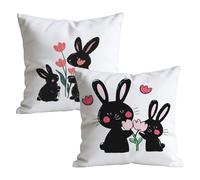Black Cushion Covers 40x40cm Outdoor Cushions in Linen, Easter Decorations Pillow Cases 2 Pack with Invisible Zipper, Rabbit Pattern Pillowcases for Sofa Bedroom, 16x16 inch W-P-1893
