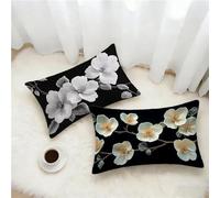 Black Cushion Covers 50x60 Set of 2, Flower Rectangle Pillow Cases with Hidden Zipper, Waterproof Linen Pillow Case 60x50cm, Double Sided Printing, Pillowcases for Bed Sofa Outdoor Decor Q-6368