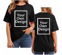 Black Custom T-Shirt for Women - Design Your Own Plus Size Personalized Shirt - Print Photos Front and Back Round Neck Short Sleeve Tunic Tops S-5XL