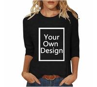 Black Custom T Shirt Women Plus Size Summer Tops Personalised T Shirts Customize Your Own Shirt Personalised Text and Image 3/4 Sleeve Tops Round Neck Tunic Funny Shirts