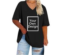 Black Custom V-Neck T-Shirt Design Personalized Ladies Shirt Tee Customized Women Plus Size Short Sleeve Summer Tops Customised Funny Tees with Your Words Personalized Birthday Gifts