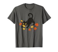 Black Cute Cat Pouncing Leaves Tee Autumn Fall Aesthetic T-Shirt