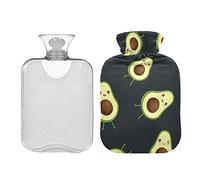 Black Cute Smiling Avocado Pattern Hot Water Bottle with Soft Cover, 1 Liter Hot Water Bag for Neck and Shoulder Pain Relief, Period Warmer for Cramps