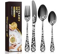 Black Cutlery Set, Stainless Steel Flatware Set, 24 Piece BILLION DUO Flower Pattern Design for Gift, Silverware Set with Spoon Knife and Fork Set, Service for 6, Dishwasher Safe