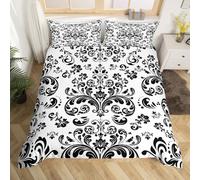 Black Damask Floral Duvet Cover Double Bohemian Black White Gothic Comforter Cover Goth Exotic Boho Bedding Set For Kids Boys Adults Men Vintage Victorian Flower Bed Set 3 Pcs