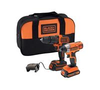 BLACK + DECKER 18V Cordless Hammer Drill and Impact Driver with soft bag