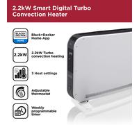BLACK+DECKER 2.2kW Smart Convection Turbo Heater, 3 Heat Settings, Adjustable Thermostat, 24 Hour Timer, WiFi App Control - White, BXCV41014GB