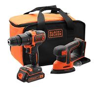 BLACK+DECKER BCK23S1S-QW Hammer Drill 18 V and Detail Sander Mouse 18 V with 1 Battery 1.5 Ah, Charger and Carry Bag
