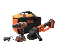 BLACK+DECKER BCK24D2S Hammer Drill 18 V (21,000 ipm) and 125 mm 18 V Grinder with 2 x 2 Ah Lithium Batteries and Carry Bag, Black, Orange