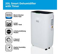BLACK+DECKER BXEH60014GB 20L Smart Dehumidifier, 4 Modes, Quiet, 6.5L Water Tank, 24 Hour Timer, White