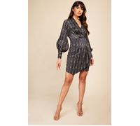 Black Deco Print Mock Wrap Mini Dress Little Mistress Black 8