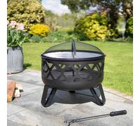 Black Deep Bowl Firepit - Outdoor Garden Fire Pit Wood Charcoal Burner With Lattice Design, Fuel Gate & Chrome Plated Bbq Grill