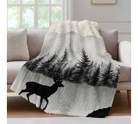 Black Deer Fleece Throw for Couch Mountain Animal Trees Nature Linen Bed Throws Soft Warm Cozy Plush s with Striped Design for Sofa Travel Camping 50x80 Inches (Black Ash Linen 32x48 Inch)