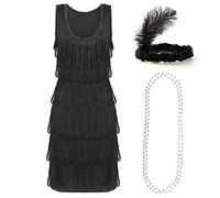 Black Deluxe Flapper Dress - Small Ladies Deluxe Black Flapper Costume with Matching Sequin Headband, and Silver Pearl Necklace - 1920's Party Dress