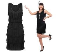 Black Deluxe Flapper Dress - X-Large - Ladies Deluxe Black Flapper Costume with Matching Sequin Headband and Silver Pearl Necklace - 1920's Party Dress