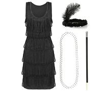 Black Deluxe Flapper Dress - XX-Large - Ladies Deluxe Black Flapper Costume with Matching Sequin Headband, Silver Pearl Necklace, Cigarette Holder - 1920's Party Dress