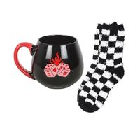 Black Dice Mug and Socks Gift Set | 500ml Ceramic Mug with Checkerboard Socks | Alternative Fun Gift | Bold Flaming Design | Gift Boxed