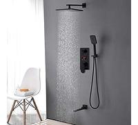 Black Digital Shower Faucets Set Brass Rainfall Shower Head 3-way Digital Display Mixer Tap Swivel Tub Spout Bath Shower-10 Inch Full Set,16 Inch Full Set