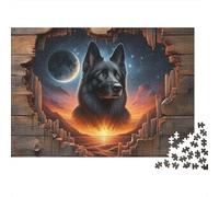 Black Dog Fantasy Art 1000 Piece Paper Black Cat Fire Moon Jigsaw Puzzle for Lovers Sturdy Thick Cardboard Stress Reliever Eco-friendly 38x26cm/1000pcs