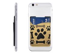 Black dog paw prints and golden bones Phone Wallet, Stick On Card Holder for Back of Phone Case - Leather Cell Phone Card Wallet Sleeve Adhesive Phone Pocket - Compatible with Most Cell Phones