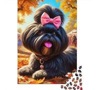 Black Dog Pink Bow 1000 Piece Jigsaw Puzzle for Adults Autumn Leaves Jigsaw Puzzle Set Relaxing Home Decor Gift 52x38cm/1000pcs