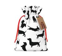 Black Dogs Dachshund Dog Printed Christmas Drawstring Bags with Red Christmas Ribbon - Reusable Burlap Drawstring Gift Pouches, S