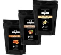 Black Donkey - Flavoured Whole Coffee Beans - Taster Pack (300g, Pack of 3) | Caramel, Hazelnut, Vanilla | Hamper Style Gift Idea for Him & Her