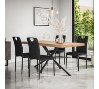 (Black) Donni Dining Table And Chairs - Oak Effect Table w 4-6 Monza Faux Leather Chair