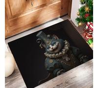 Black Door Mats Indoor, Classical Oil Painting Washable Soft Doormat Dirt Trapper Door Mat, Mysterious Smiling Cat Entrance Non-Slip Floor Mats For Inside Entryway,