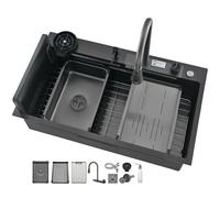 Black Double Bowl Stainless Steel Kitchen Sink Workstation Multi-function Waterfall Sink Countertop/Drop-in/Undermount(68 * 45)