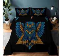 Black Double Duvet Set, Geometric Triangles Animal Owl Washable Comfortable Reversible Comforter, Soft Breathable Anti Allergy Microfibre Bedding with 2 Pillowcases for All Seasons