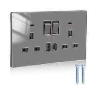 Black Double Socket with TypeC&usbA,Double Switched Plug Sockets 2Gang 13A | UK Acrylic panel USB Wall Socket, USB Sockets double for Kitchen/Bedroom/Office/Home, 35mm Back Box