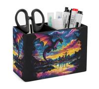 Black Dragon Flying Fantasy City Leather Pen Pot 2 Sections Pencil Holder Office Desktop Organizer Makeup Storage