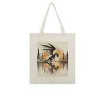 Black Dragon Silhouette on The Lake Canvas Tote Bag Aesthetic Tote Bag