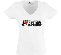 Black Dragon Women's V-Neck T-Shirt - I Love with Heart (Name) - Fancy Dress - Party - Fun Shirt - I Love Evelina, White, M