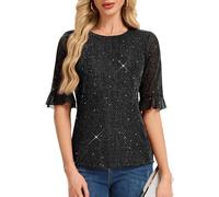 Black Dressy Top Women's Plus Size Sparkly Sequin Tops with Ruffle Bell Sleeve Elegant Crew Neck Blouse for Women Casual Work Going Out Shirt Black XL