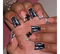 Black Duck Press on Nails - French Tip Fake Nails Artificial Glue on Nail with 3D Water Drop Designs Colorful Rhinestones Stick on Nail Black Bow Acrylic Nails Full Cover Nude False Nails for Women