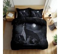 Black Duvet Cover Set Double Size, Starry Sky Moon House Print Comforter Cover with 2 Pillowcase, Soft Microfiber Reversible Bedding Set 3pcs for Kids Boys Girls Bedroom Decor