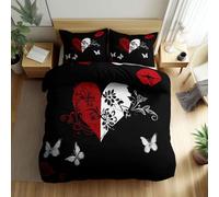 Black Duvet Cover Sets Double Bedding, Reversible Romantic Themes Red Lips Hearts Flowers Printed Duvet Cover 200 x 200 cm - Lightweight Bedding Soft Breathable Quilt Covers for Kids Adults