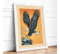 Black Eagle in Sunburst Japandi Framed Wall Art Print A2 (59.4×42cm) White, Wall Decor for Living Room, Bedroom, Office & Home, Ready to Hang, Art Gift