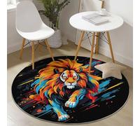 Black Easy to Clean Round Area Rugs, Abstract Colorful Graffiti Lion Print Theme Carpet, Low-Pile Home Decoration Carpet with Non-Slip Backing for Living Room Bedroom Bedside Kids Rug, 90 cm