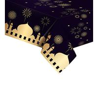 Black Eid Table Cloth Party Plastic Tablecloth,130*220cm Large Eid Ramadan Mubarak Tablecloth Waterproof Table Cover Moon&Star Rectangular Table Cover for Eid Ramadan Decorations Muslim Party Supplies