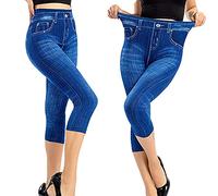 Black Elastic Waist Jeans Leggings for Women UK Capris Fake Jean Cropped Trousers High Waist 3/4 Length Pants Imitation Jegging Stretchy Casual Pants Tights Vintage Distressed Faux Denim Shorts Sales