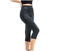 Black Elastic Waist Jeans Leggings for Women UK Capris Fake Jean Cropped Trousers High Waist 3/4 Length Pants Imitation Jegging Stretchy Casual Pants Tights Vintage Distressed Faux Denim Shorts Sales